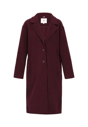 Burgundia värvi pikk jakk, millel on nurgeline krae, kaks nuppu, küljetaskud ja sile tekstuur. Omab voolavat disaini ja avatud esiosa.