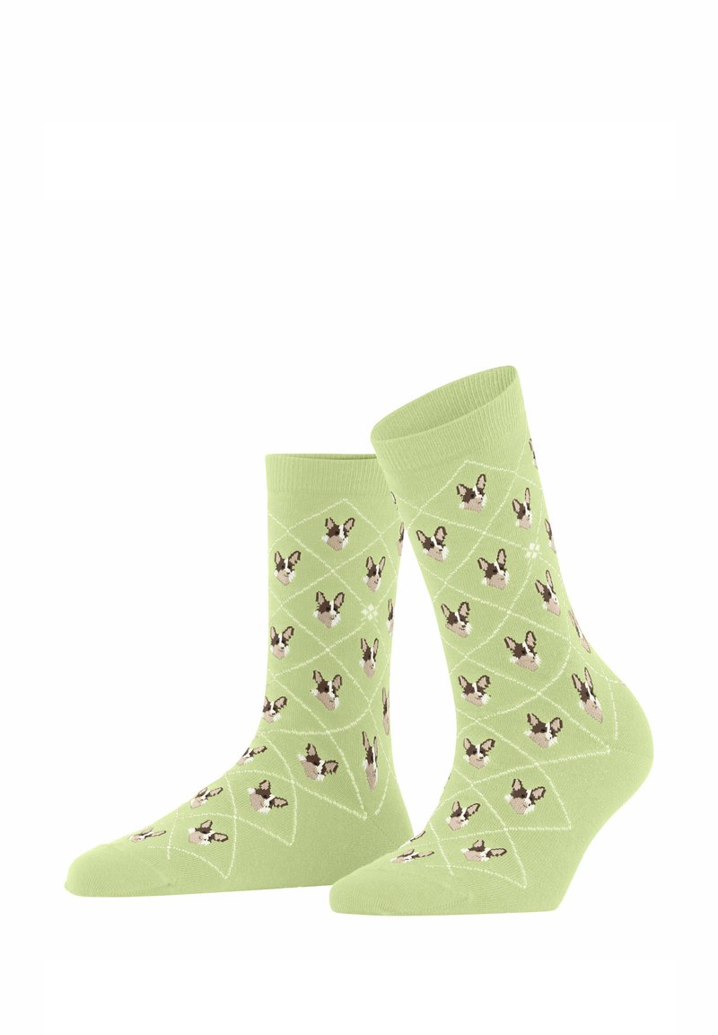 Zielone bawełniane skarpetki z wzorem w diamenty i powtarzającymi się motywami głów psów w brązie i bieli. Miękka tekstura z ryflowanymi mankietami.