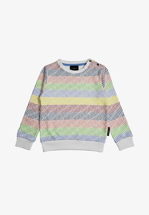 Maglione a righe multicolore per bambini piccoli con motivo a maglia strutturato, polsini e orlo bianchi a coste e bottoni a pressione sulle spalle.