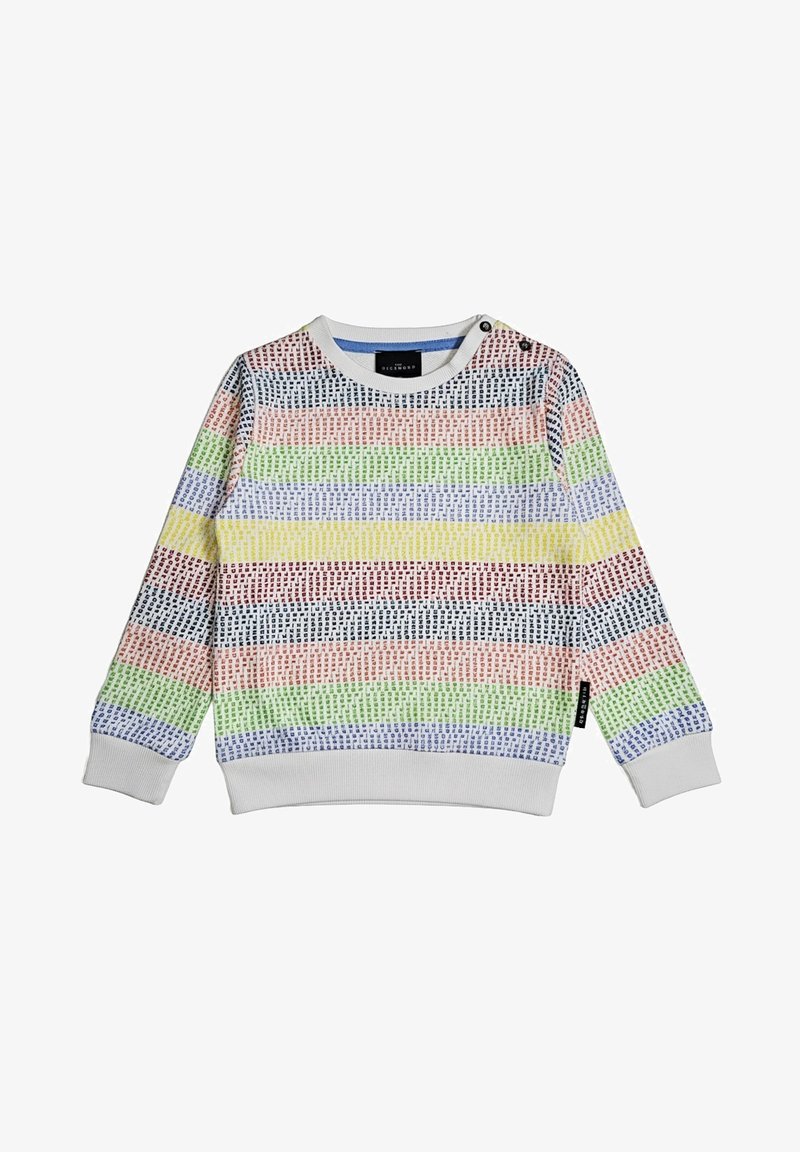 Maglione a righe multicolore per bambini piccoli con motivo a maglia strutturato, polsini e orlo bianchi a coste e bottoni a pressione sulle spalle.