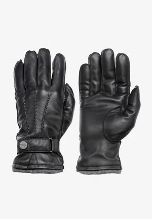Gants en cuir noir avec une texture lisse, présentant un design cousu et une doublure en tissu gris. Accentué par un détail en boucle en métal.
