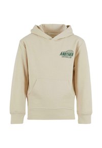 Béžová bavlnená mikina s kapucňou so predným vreckom, rebrovanými manžetami a potlačou v zelenej farbe s nápisom "ANOTHER COTTON LAB." Mäkko sa dotýka.