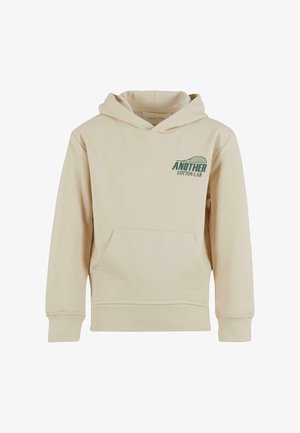 Beige pamut kapucnis felső, elülső zsebbel, bordás mandzsettákkal és zöld színű nyomott logóval, amely a "ANOTHER COTTON LAB" feliratot tartalmazza. Puha tapintás.