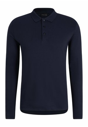 Polo a maniche lunghe blu navy con colletto classico, patta con tre bottoni e tessuto leggermente strutturato. Design minimalista senza motivi.