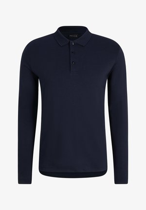 Navy long-sleeve polo shirt with a classic collar, three-button placket, and subtle textured fabric. Minimalist design without patterns.