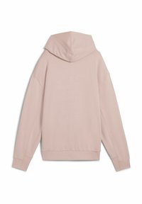 Sudadera de color rosa claro con una capucha espaciosa, mangas largas, corte holgado y puños acanalados. La tela tiene una textura suave sin patrones.