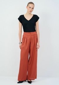 Zwarte V-hals T-shirt gecombineerd met hooggesneden, wijde roestkleurige broeken. Soepele stof met plooien en zwarte pointy-toe schoenen.