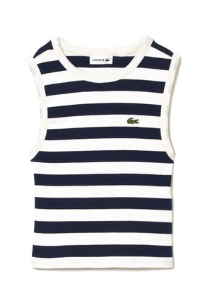 Top de Lacoste sin mangas con rayas horizontales blancas y azul marino, cuello redondo y pequeño logo verde de cocodrilo en el pecho.