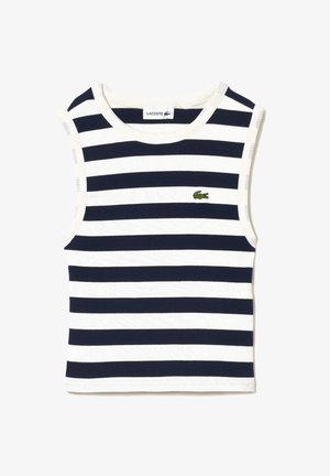 Biało-granatowy, bezrękawnik w poziome paski marki Lacoste, z okrągłym dekoltem i małym zielonym logo krokodyla na piersi.