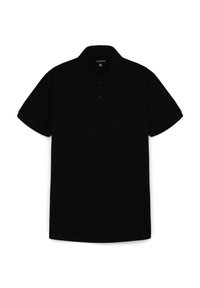 Polo shirt nero in cotone con una texture morbida, maniche corte, colletto e bottoni. Etichetta che indica la taglia XL.