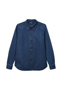 Chemise en denim bleu foncé avec col classique, manches longues et fermeture à boutons sur le devant. Texture douce avec une coupe légèrement décontractée.