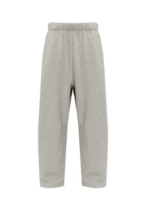Pantaloni della tuta grigio chiaro con vita elastica e taglio dritto semplice, mostrati su sfondo bianco.