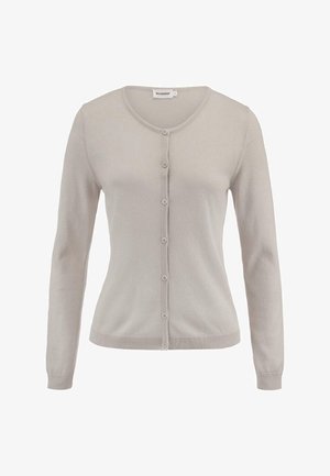 Hellbeige, langärmliger Cardigan mit Knöpfen, rundem Ausschnitt sowie gerippten Bündchen und Saum, auf weißem Hintergrund dargestellt.