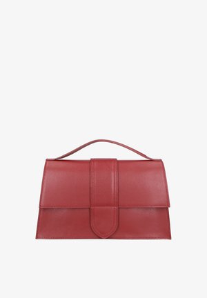 Borsa a mano rossa in pelle con design strutturato, manico superiore e chiusura piatta con un pannello centrale. Texture liscia con minimi dettagli.