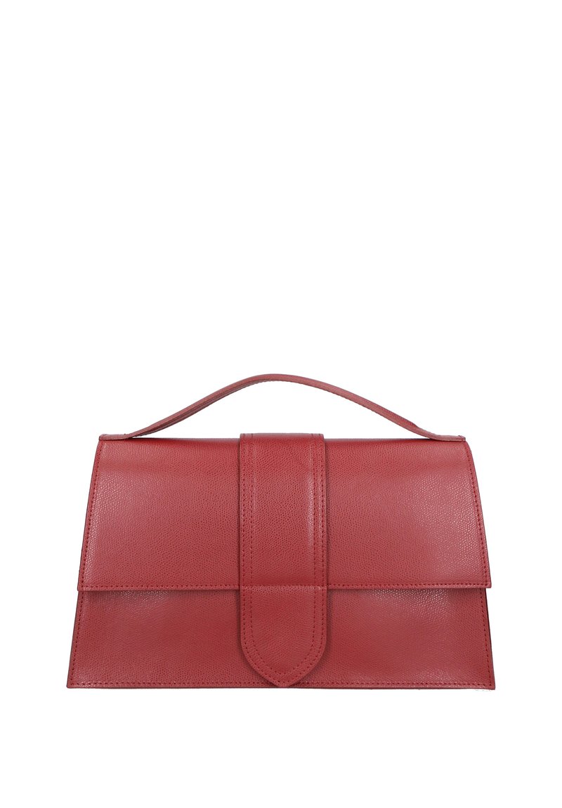Borsa a mano rossa in pelle con design strutturato, manico superiore e chiusura piatta con un pannello centrale. Texture liscia con minimi dettagli.