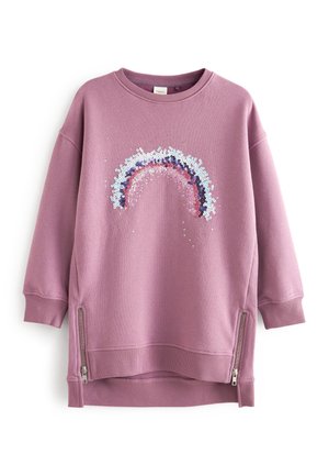 Sweatshirt rose à manches longues, avec un motif arc-en-ciel en sequins. Comprend des fentes latérales zippées et des poignets côtelés.