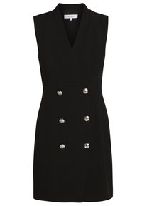 Schwarzes ärmelloses Kleid mit Wickeldesign, V-Ausschnitt, doppelt geknöpftem Vorderteil und metallisch silbernen Knöpfen zum Schließen.