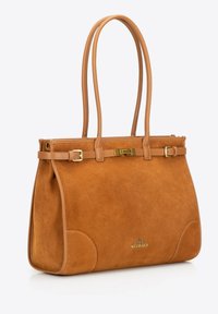 Torebka typu tote w kolorze tan z zamszowymi bokami, gładkimi skórzanymi akcentami, dwiema rączkami i złotym wykończeniem. Posiada wyraźnie zarysowany kształt i stębnowane detale.