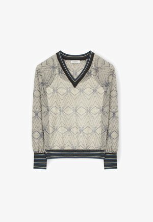 V-Ausschnitt gestricktes Oberteil in Creme mit geometrischen Mustern in Grau; verfügt über gestrickte Puffärmel und mehrfarbige gestreifte Rippbündchen und Saum.