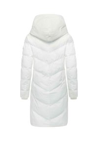 Witte lange pufferjas met een capuchon, voorzien van chevron quilting, lange mouwen en elastische manchetten. Gladde textuur en minimalistisch ontwerp.