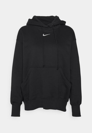 Mustat hupparit, jotka on valmistettu pehmeästä kankaasta, etuosassa on kengurun tasku, resorit hihansuissa ja pieni valkoinen Nike-logo rinnassa.