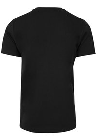 Black cotton T-shirt with short sleeves, crew neck, and a smooth texture. Minimalist design with no visible logos or patterns.