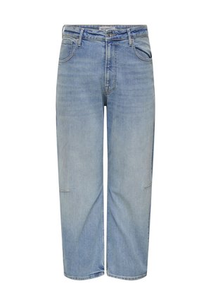 Ανοιχτό μπλε τζιν με υψηλή μέση και φαρδιά μπατζάκια, με κουμπί στο μπροστινό μέρος, θηλιές για ζώνη και λεπτομέρειες στη ραφή στο πλάι.