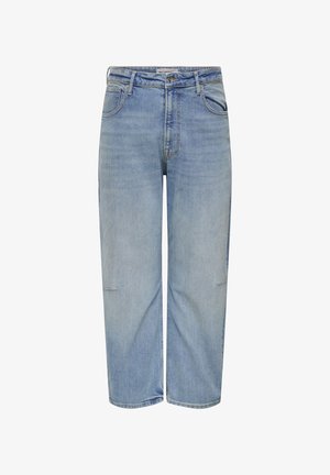 Ανοιχτό μπλε τζιν με υψηλή μέση και φαρδιά μπατζάκια, με κουμπί στο μπροστινό μέρος, θηλιές για ζώνη και λεπτομέρειες στη ραφή στο πλάι.