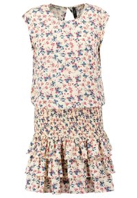 Vestido floral en crema con patrones en rosa y azul. Presenta un corsé fruncido y un dobladillo con volantes en capas. Sin mangas y con un escote redondo.