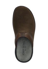 Brown leather slip-on shoe with a rounded toe, smooth texture, and padded insole. Features subtle stitching and a black rubber sole.