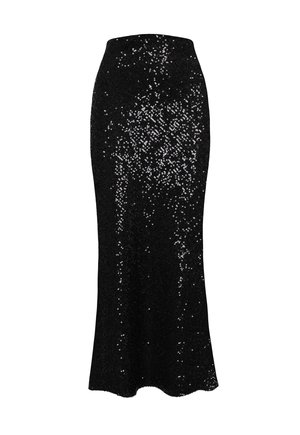 Czarna maxi spódnica z cekinami, z dopasowanym paskiem, rozszerzająca się ku dołowi, z teksturowaną powierzchnią i rozproszonymi błyszczącymi zdobieniami.