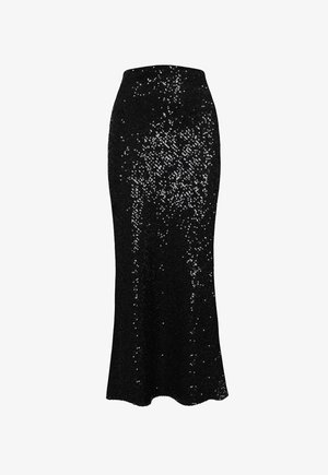 Czarna maxi spódnica z cekinami, z dopasowanym paskiem, rozszerzająca się ku dołowi, z teksturowaną powierzchnią i rozproszonymi błyszczącymi zdobieniami.