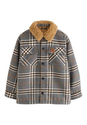 Grau-braune karierte Jacke mit großen Fronttaschen, schwarzen Knöpfen und einem dicken, hellbraunen Sherpa-Kragen.