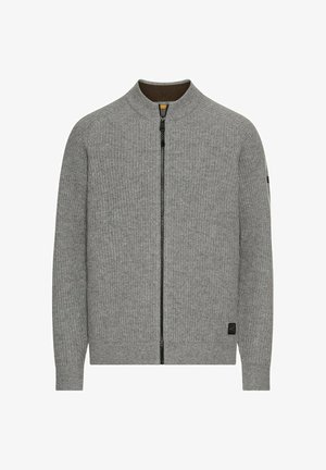 Gray knitted sweater with a high collar, fitted design, full zipper, ribbed texture, and a logo patch on the left sleeve.
