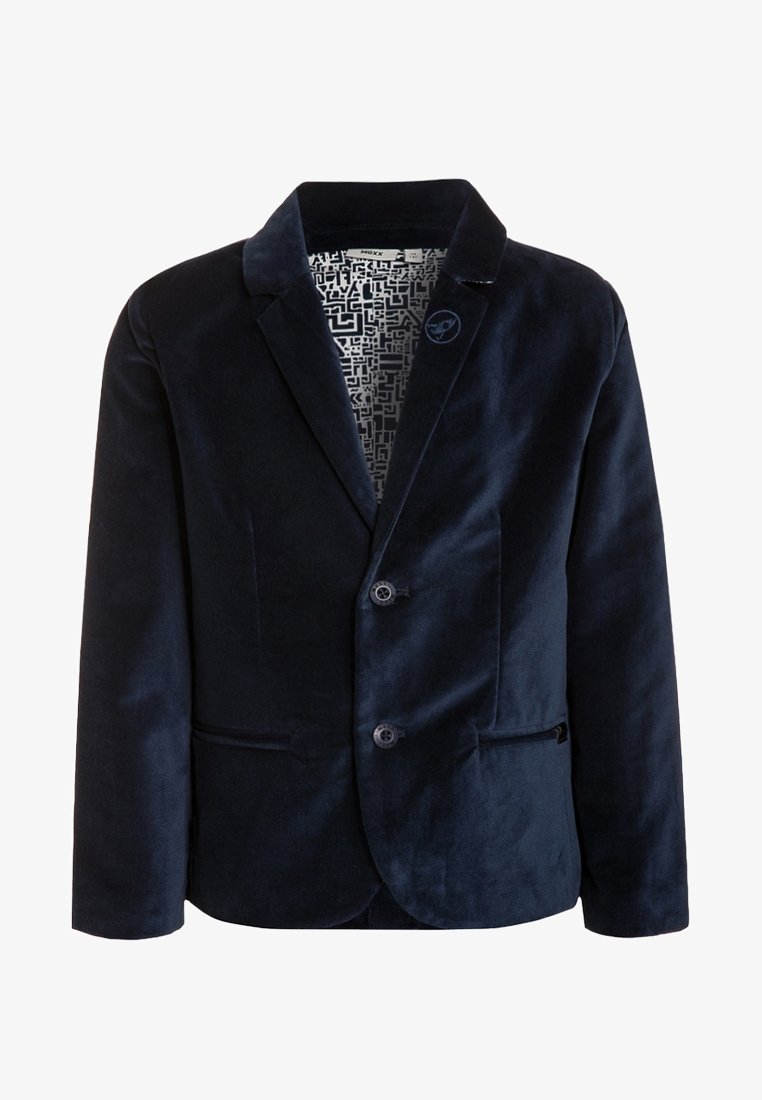 Marinblå sammet blazer med slagkrage, två knappar och ficklock. Inre foder har ett geometriskt mönster i svart och vitt.