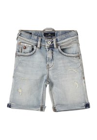 Shorts in denim blu chiaro, caratterizzati da dettagli strappati, orli arrotolati, design a cinque tasche e chiusura con bottone metallico.
