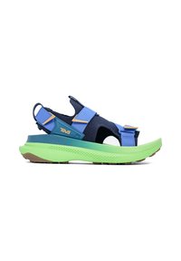 Sandali Teva con tomaia in rete blu navy, cinghie blu e suola in gomma verde con finitura testurizzata; chiusure regolabili con gancio e strappo.