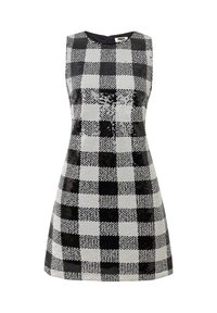 Robe noire et blanche sans manches avec un motif à carreaux en sequins, encolure ronde et fermeture éclair arrière dissimulée. Silhouette trapèze.