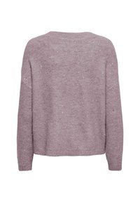 Suéter de punto malva con mangas largas, cuello redondo y un sutil patrón moteado blanco, mostrado desde atrás.