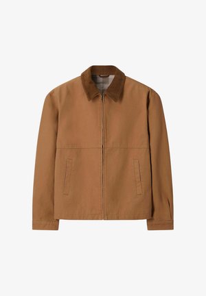 Brown zip-up jacket with corduroy collar, two front pockets, and long sleeves, displayed against a plain white background.