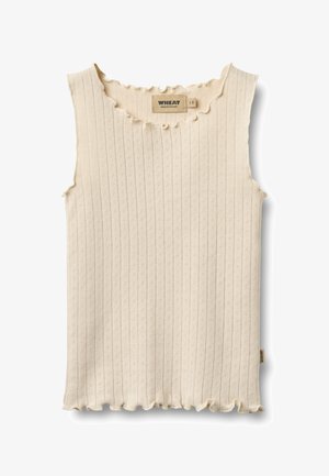 Ærmeløs top i cremefarve med ribbet tekstur, bølget halsudskæring og let flæsekant. Mærke ved halsudskæringen med teksten "WHEAT".