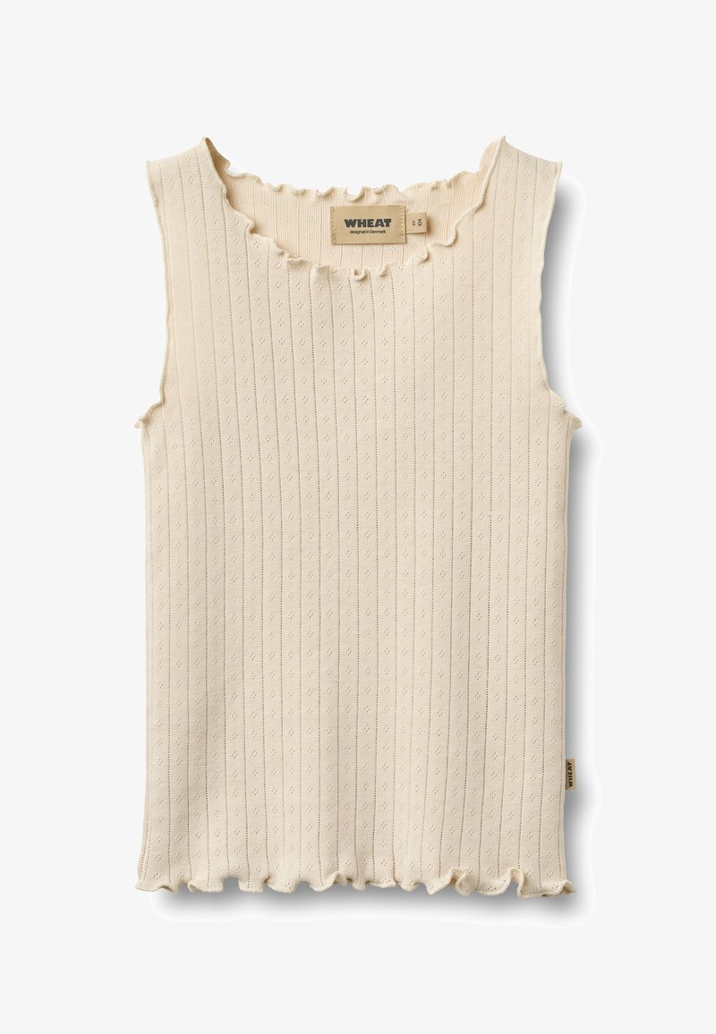Top fără mâneci de culoare crem, cu textură ribată, decolteu ondulat și margini ușor tivite. Eticheta de la gât spune "WHEAT".