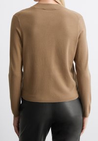 Maglione leggero marrone con maniche lunghe e colletto a giro. Tessuto liscio, design aderente, orlo a coste, indossato sopra pantaloni neri.