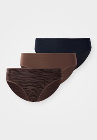Set of three women's briefs: solid navy, solid brown, and brown with a tiger stripe pattern. Soft, stretchy fabric, mid-rise cut.