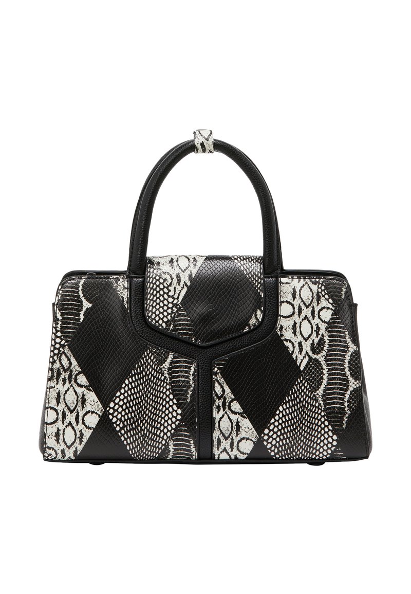 Czarnobiała torba patchworkowa z teksturą węża i skóry, o strukturalnym kształcie i podwójnymi uchwytami do noszenia.