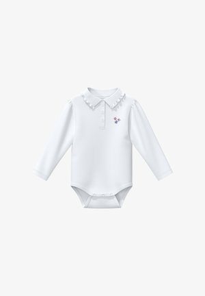 White long-sleeve bodysuit with a collared neck, ruffled edges, four button placket, and floral embroidery in pink and blue.