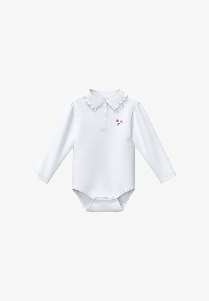 Body blanc à manches longues avec col, bords à volants, patte de boutonnage à quatre boutons et broderie florale rose et bleue.