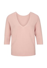 Sweter z krótkim rękawem i dekoltem w serek w miękkim różowym dzianinie. Posiada luźny krój i teksturowany materiał, z prostym dołem i minimalistycznym designem.
