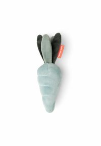 Soft plush carrot toy in pale blue with dark green leaves, featuring stitched details and a small orange tag stating "100% friendly."