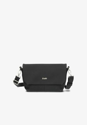Black leather crossbody bag with a flap closure, silver hardware accents, and an adjustable strap. Smooth texture and minimalist design.